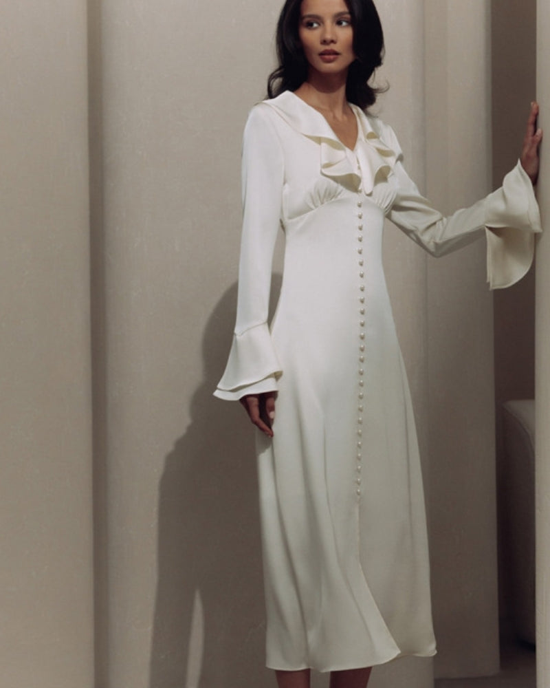 Pearlava | Pearl Button Ruffle Midi Dress