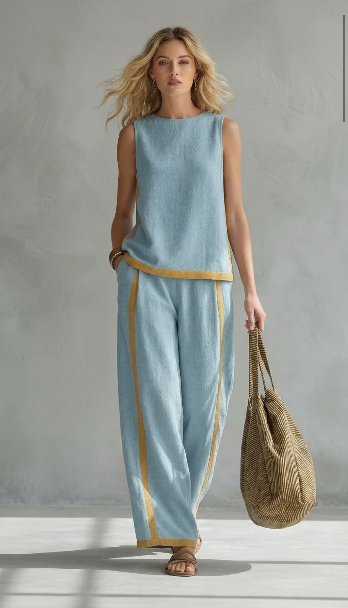 Pearlava Women's Relaxed Two-Tone Set in cotton-linen blend, gray