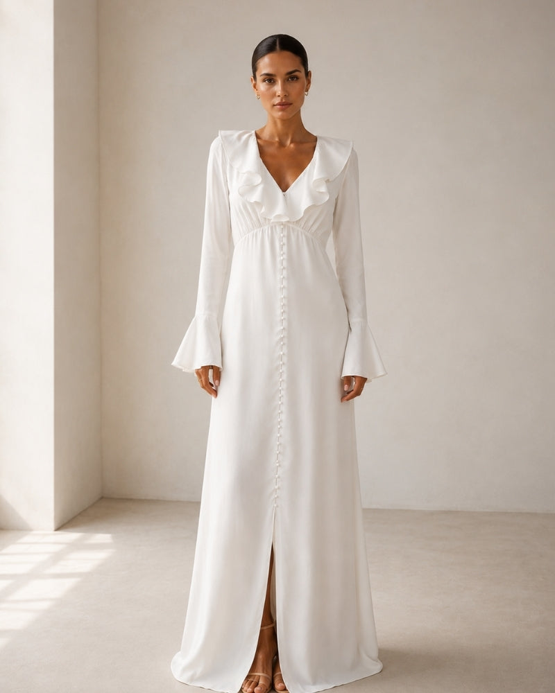Pearlava | Pearl Button Ruffle Midi Dress
