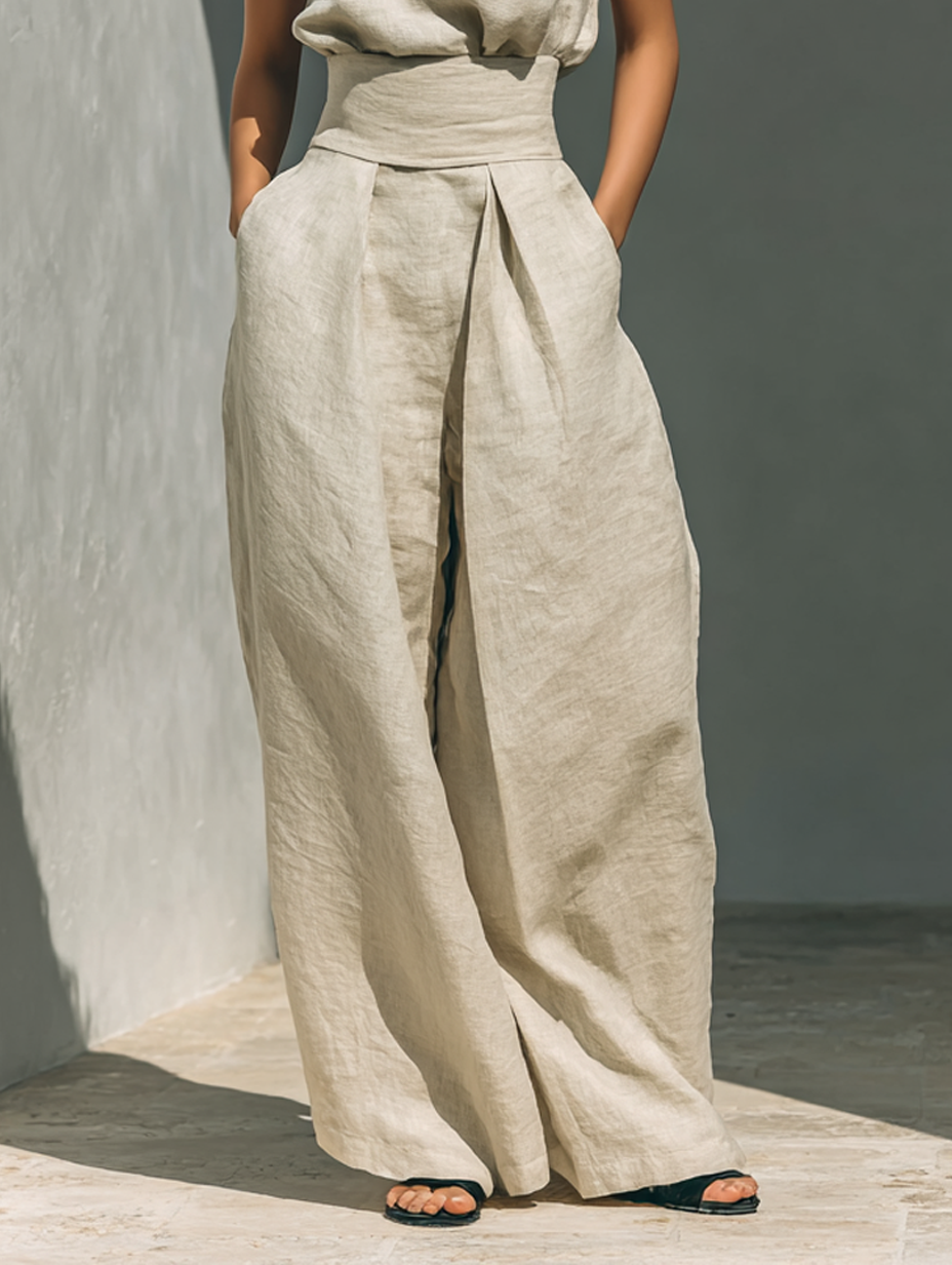 Pearlava Women's Cotton-Linen Wide-Leg Pants Set, 2-piece