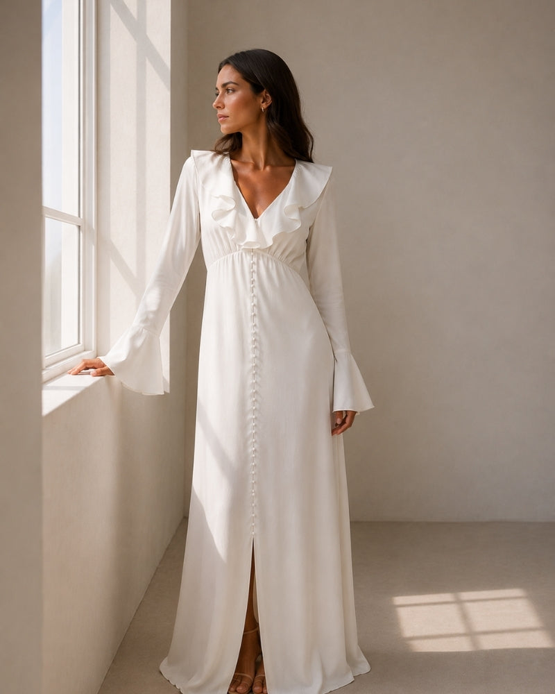 Pearlava | Pearl Button Ruffle Midi Dress