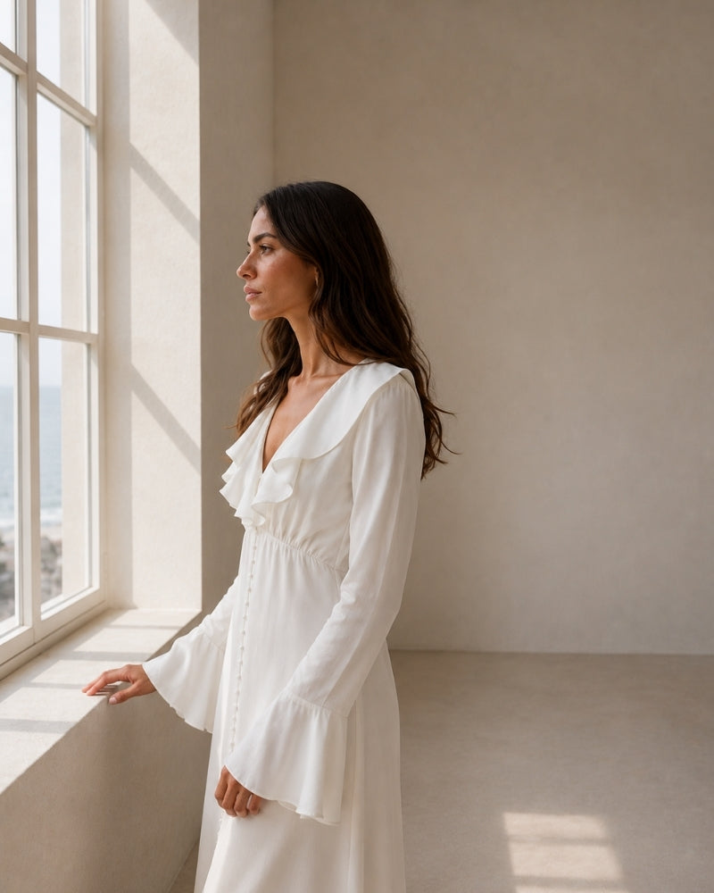Pearlava | Pearl Button Ruffle Midi Dress