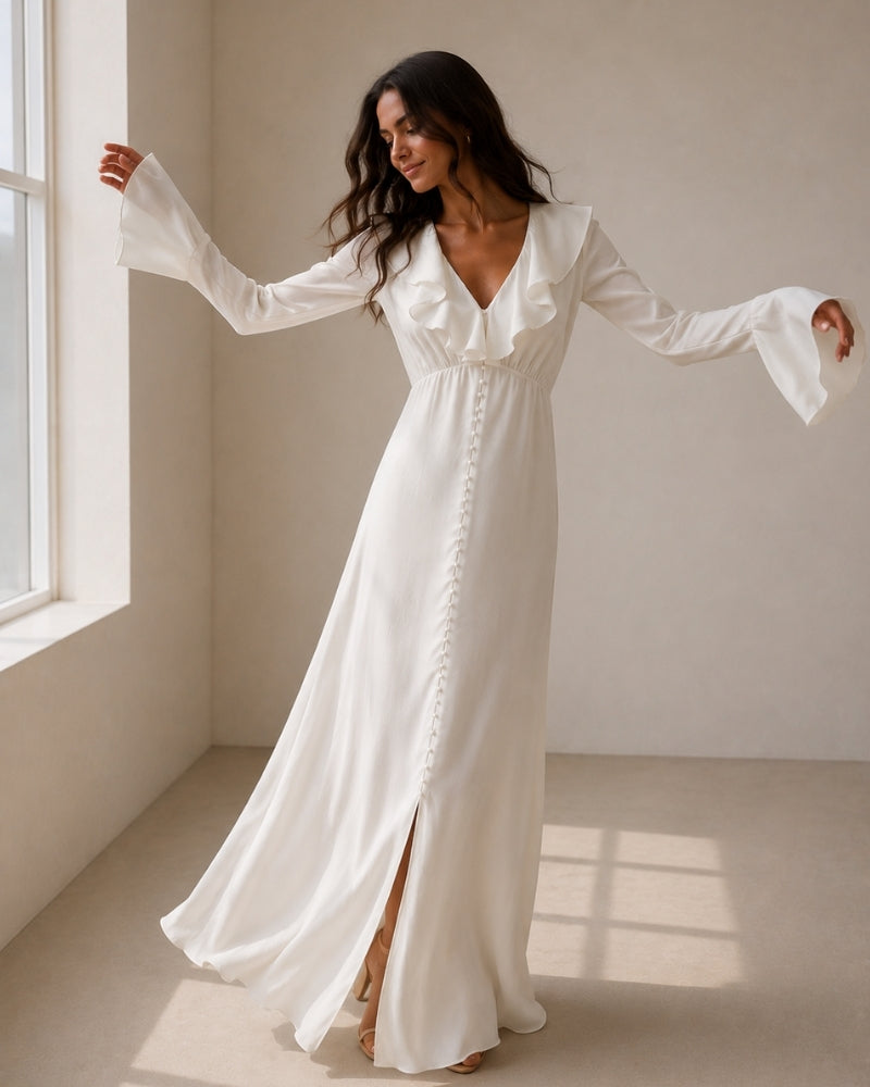 Pearlava | Pearl Button Ruffle Midi Dress