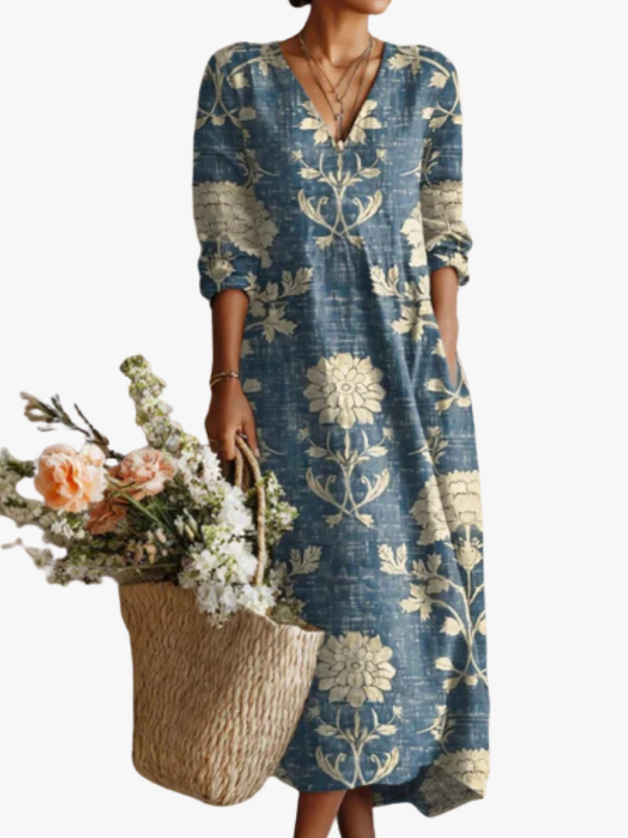 Pearlava women's vintage floral linen midi dress