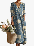 Pearlava women's vintage floral linen midi dress