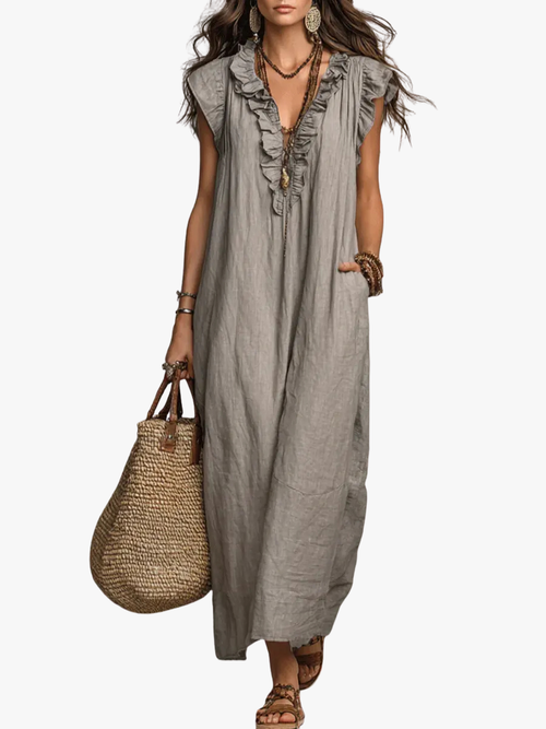 Pearlava Women's Flowy Bohemian Dress in linen-cotton blend