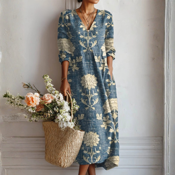 Pearlava women's vintage floral linen midi dress