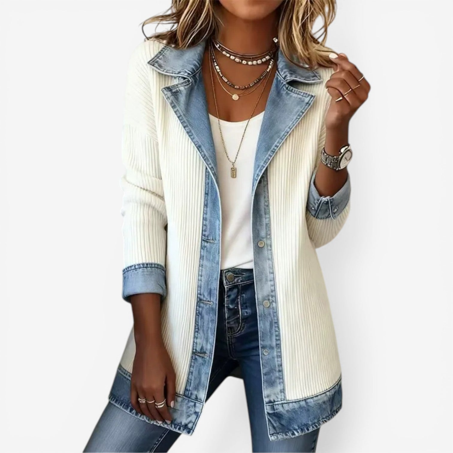 Pearlava Women's Relaxed Knit Layering Jacket, denim-inspired