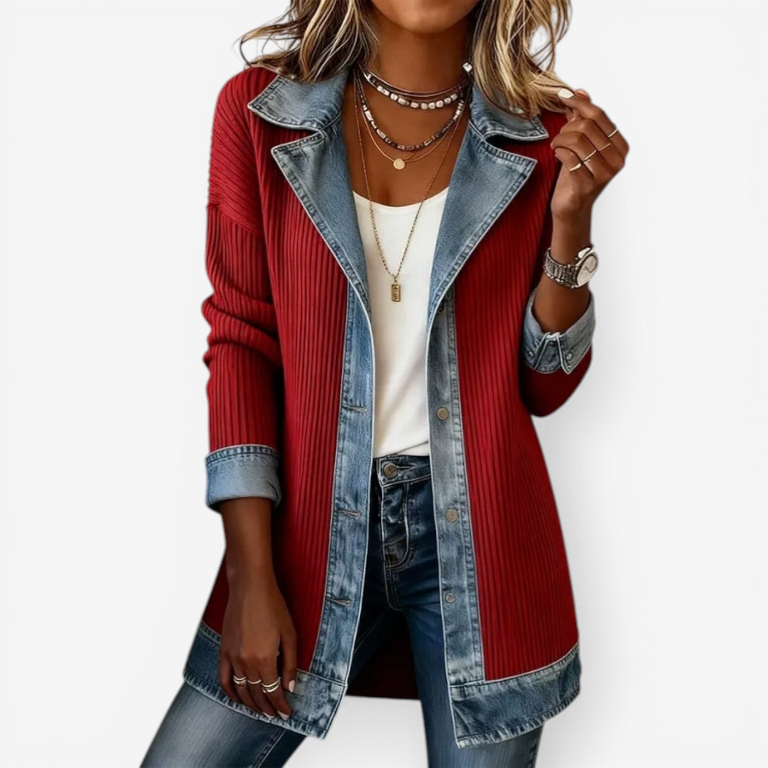 Pearlava Women's Relaxed Knit Layering Jacket, denim-inspired