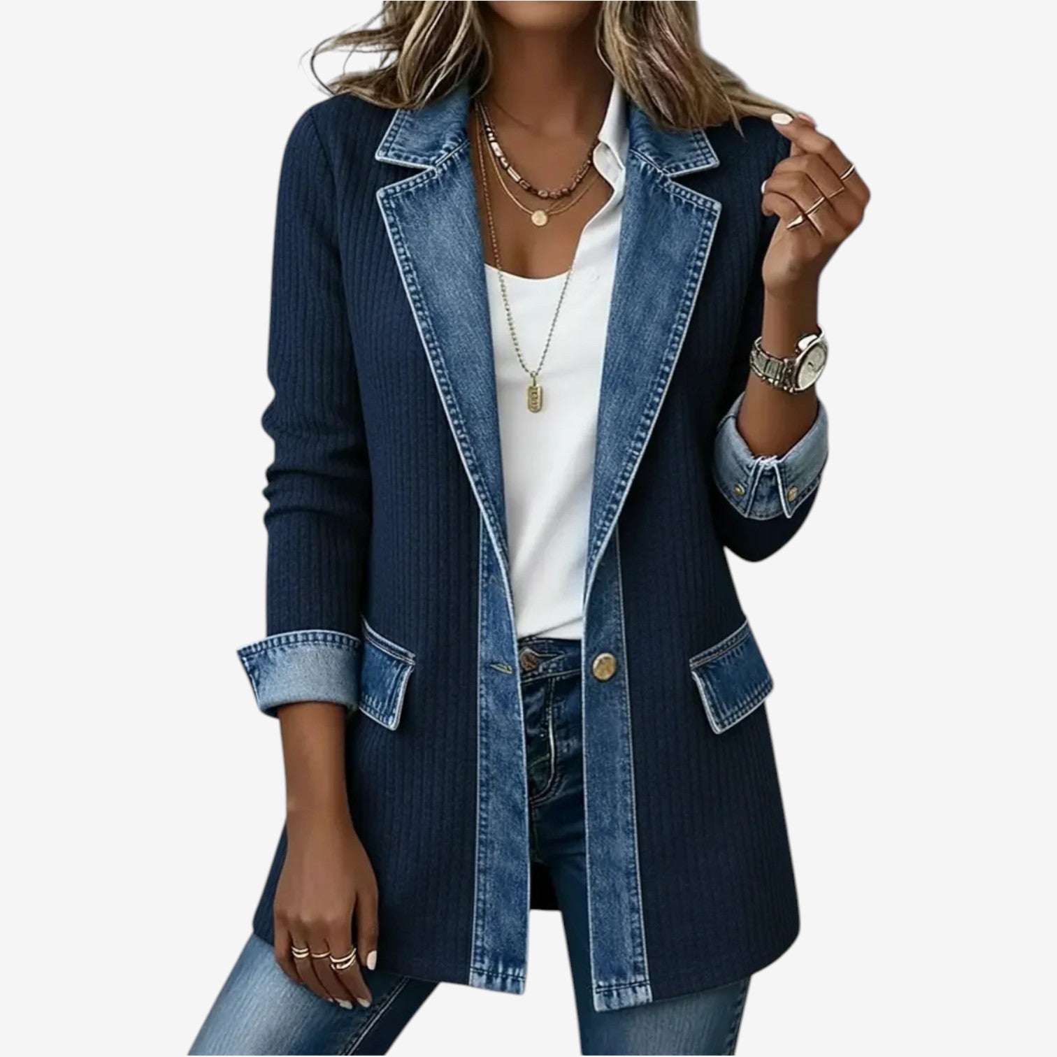 Pearlava Women's Relaxed Knit Layering Jacket, denim-inspired