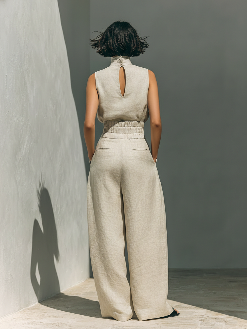 Pearlava Women's Cotton-Linen Wide-Leg Pants Set, 2-piece