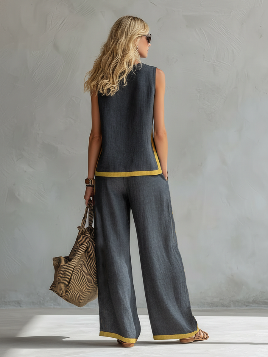 Pearlava Women's Relaxed Two-Tone Set in cotton-linen blend, gray