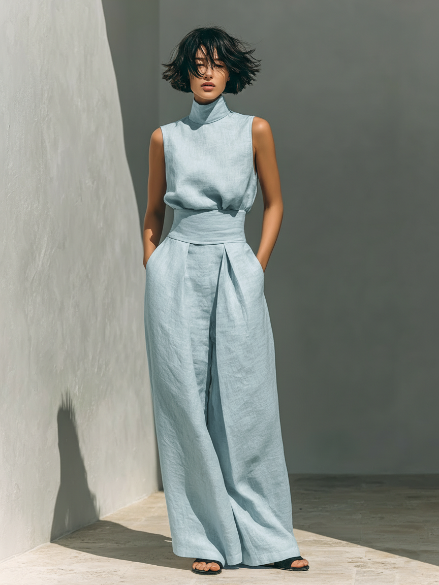 Moreau Lyon Women's Cotton Blend Wide Leg Pants Set Light Blue