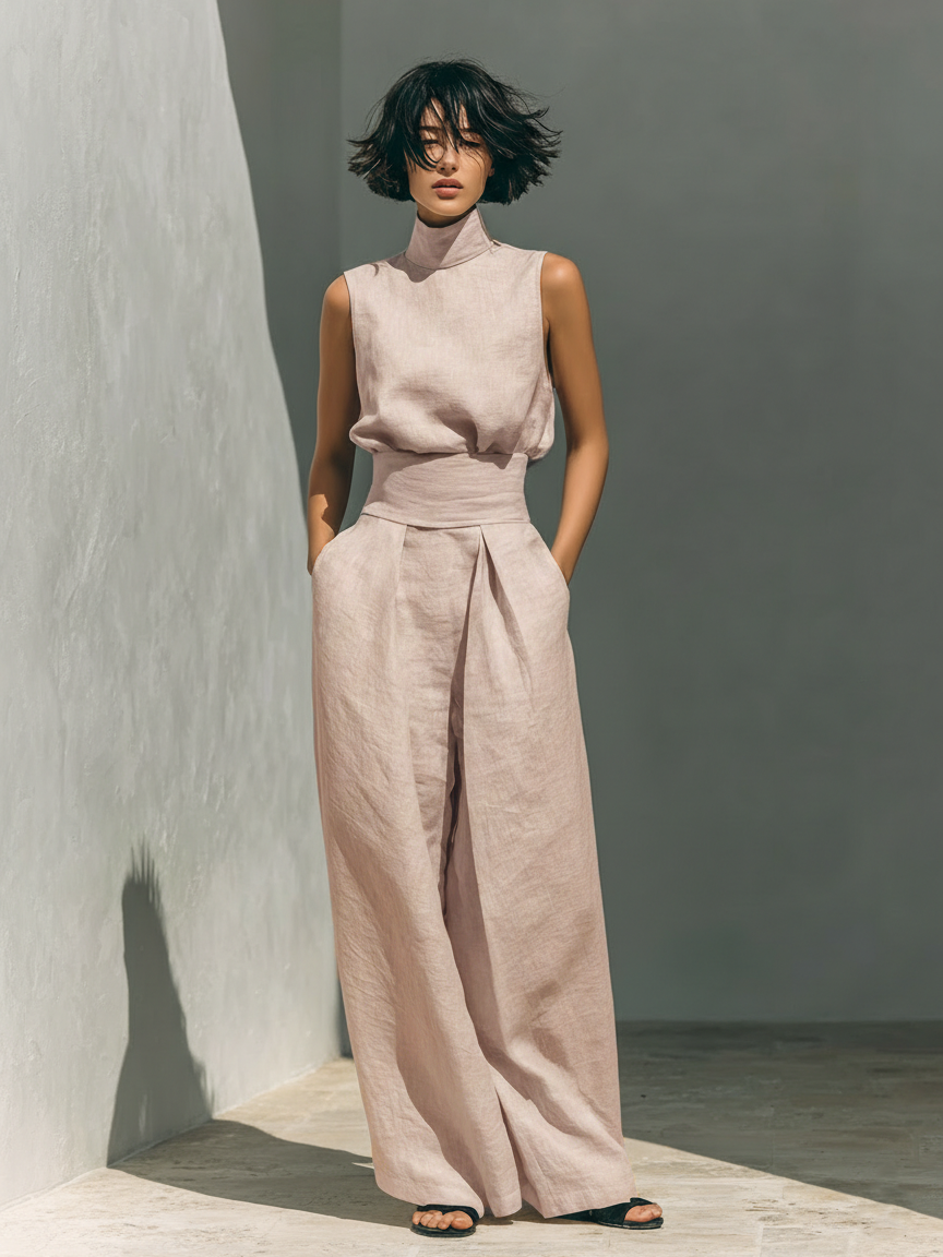 Pearlava Women's Cotton-Linen Wide-Leg Pants Set, 2-piece
