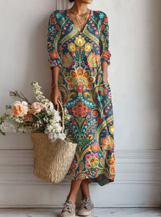 Pearlava women's vintage floral linen midi dress