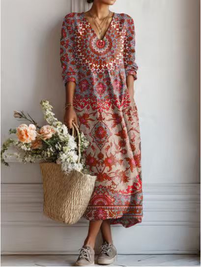 Pearlava women's vintage floral linen midi dress