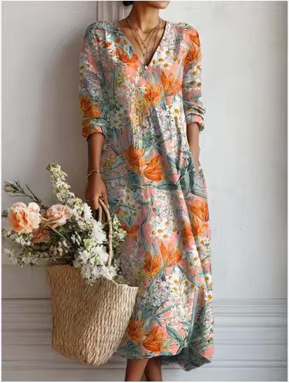 Pearlava women's vintage floral linen midi dress