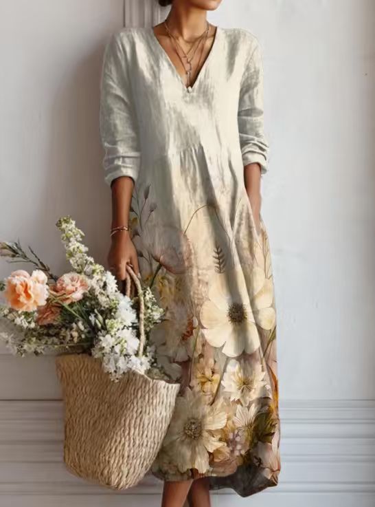 Pearlava women's vintage floral linen midi dress