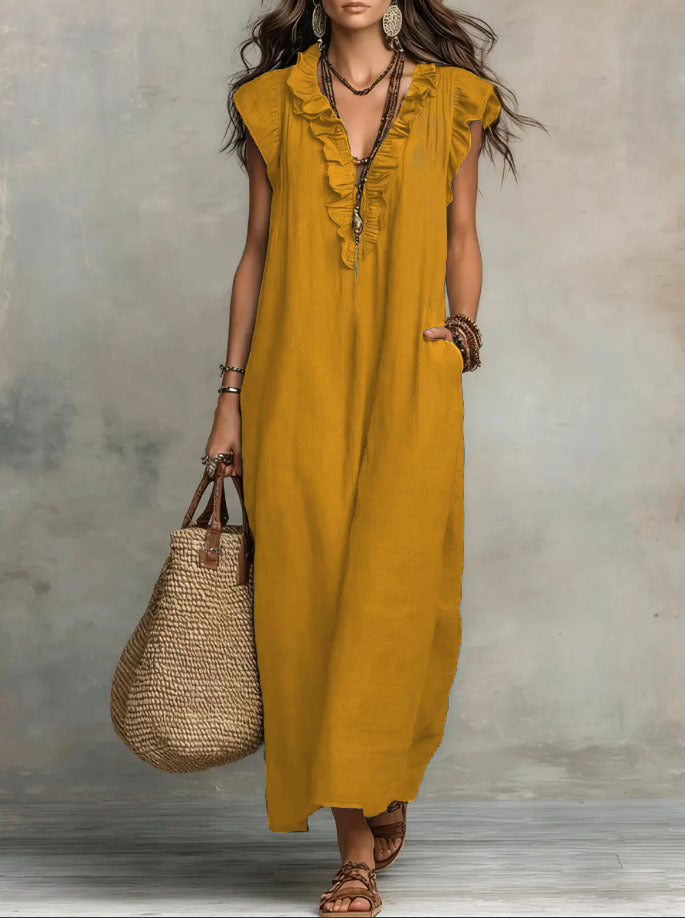 Pearlava Women's Flowy Bohemian Dress in linen-cotton blend