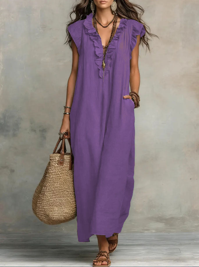 Pearlava Women's Flowy Bohemian Dress in linen-cotton blend