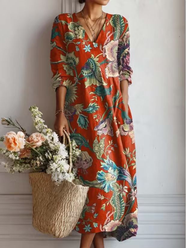 Pearlava women's vintage floral linen midi dress