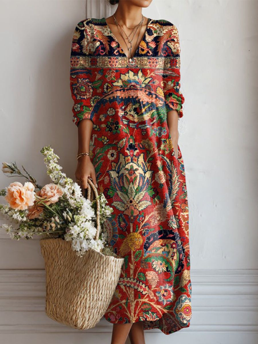Pearlava women's vintage floral linen midi dress