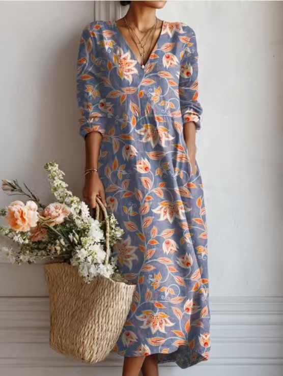 Pearlava women's vintage floral linen midi dress