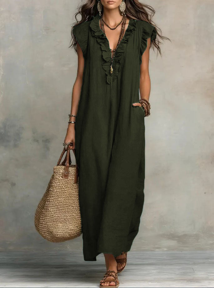 Pearlava Women's Flowy Bohemian Dress in linen-cotton blend