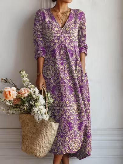 Pearlava women's vintage floral linen midi dress