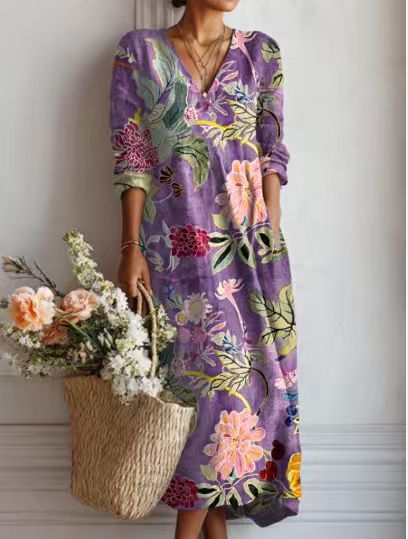 Pearlava women's vintage floral linen midi dress