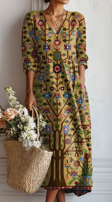 Pearlava women's vintage floral linen midi dress