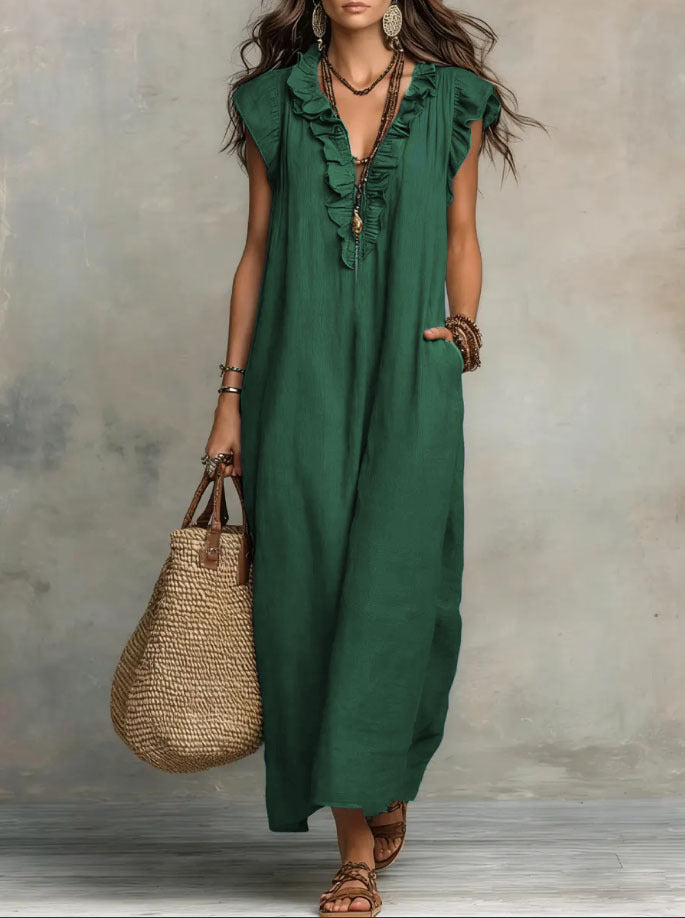 Pearlava Women's Flowy Bohemian Dress in linen-cotton blend