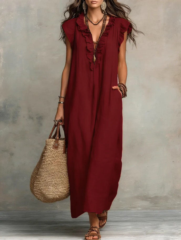 Pearlava Women's Flowy Bohemian Dress in linen-cotton blend