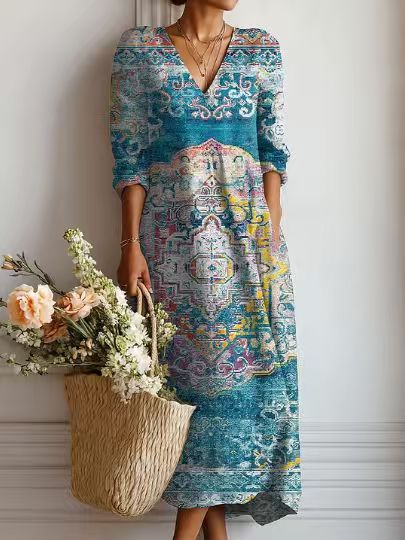 Pearlava women's vintage floral linen midi dress