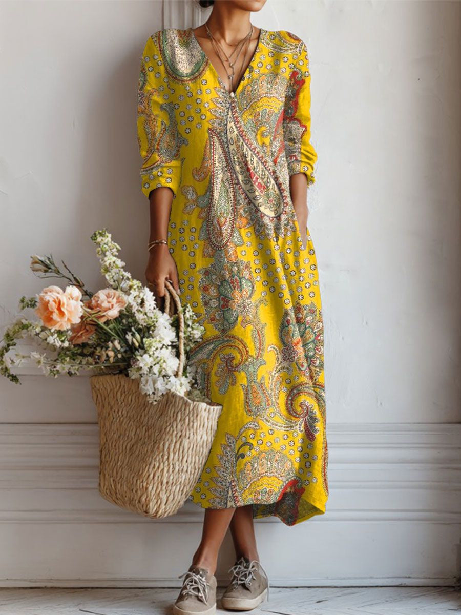 Pearlava women's vintage floral linen midi dress
