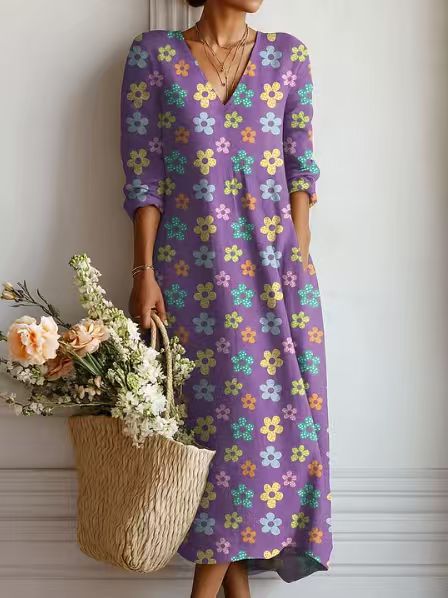 Pearlava women's vintage floral linen midi dress
