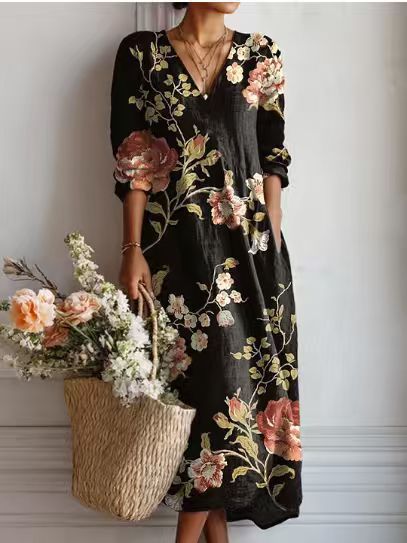 Pearlava women's vintage floral linen midi dress