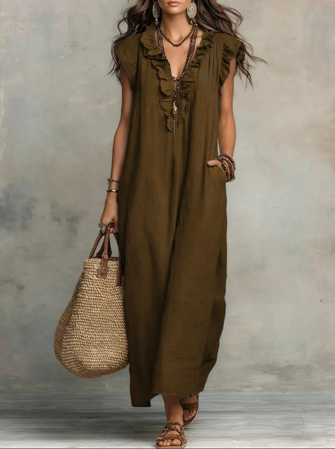 Pearlava Women's Flowy Bohemian Dress in linen-cotton blend