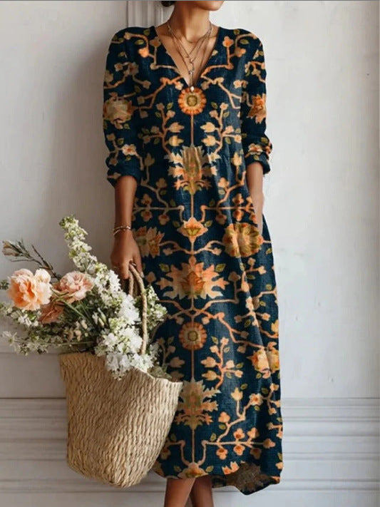 Pearlava women's vintage floral linen midi dress