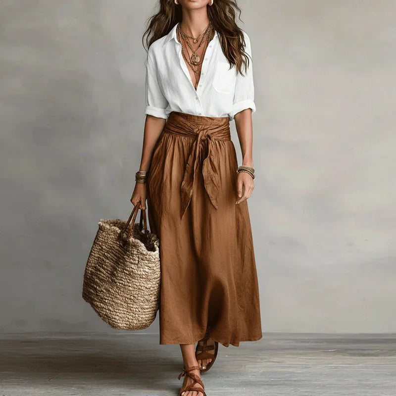pearlava women's linen blouse & tie-waist skirt set