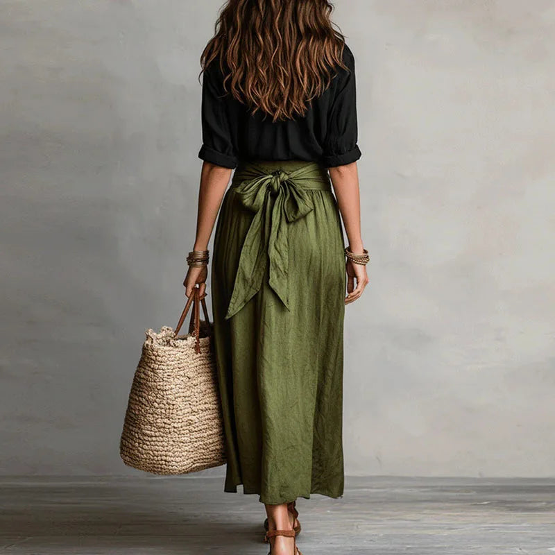 pearlava women's linen blouse & tie-waist skirt set