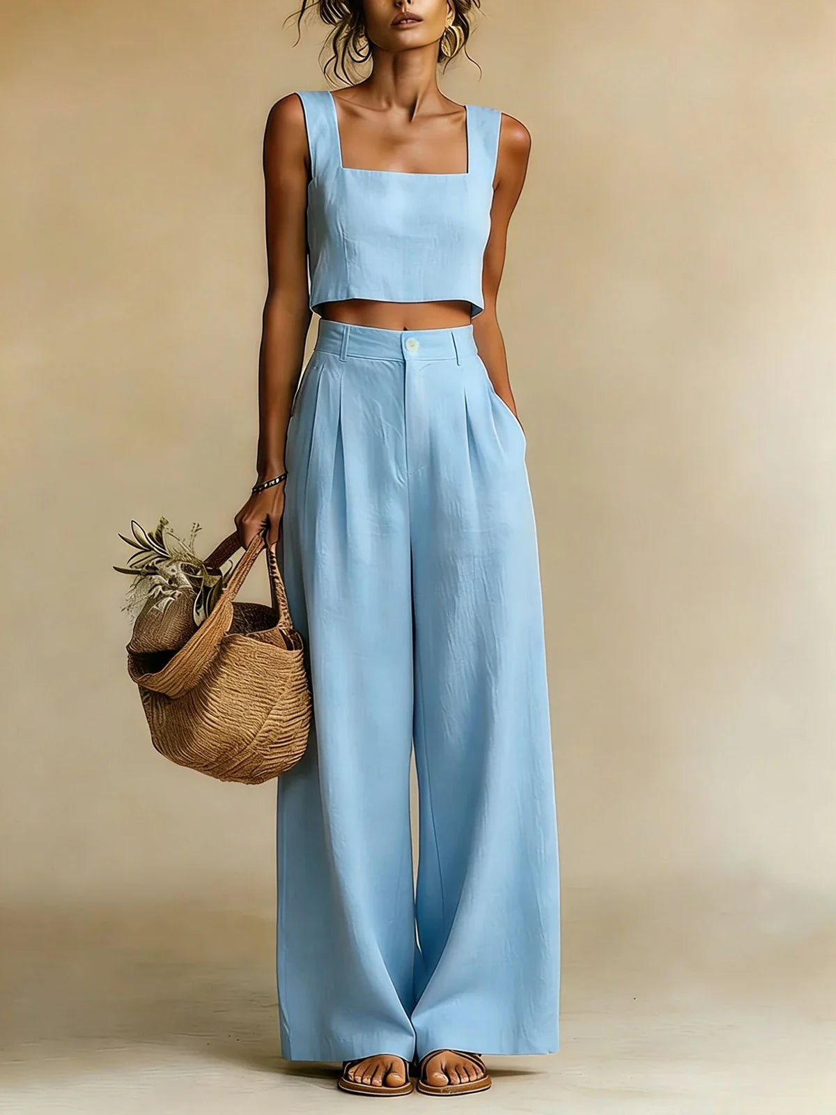 pearlava women's square-neck crop top & palazzo trouser set