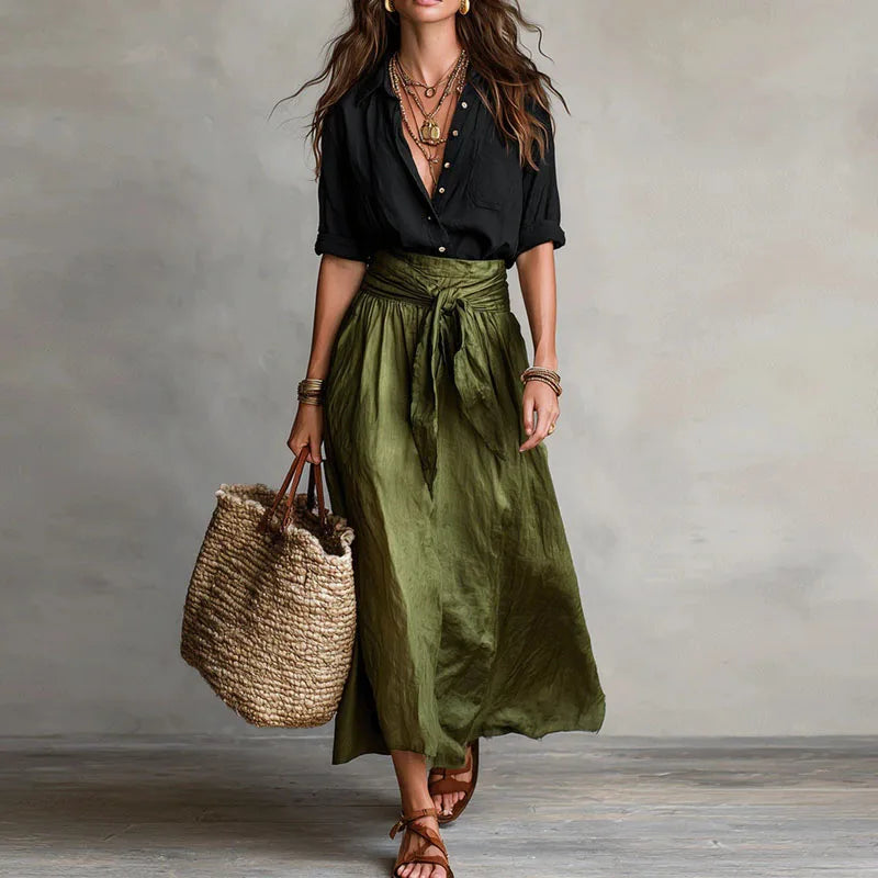 pearlava women's linen blouse & tie-waist skirt set