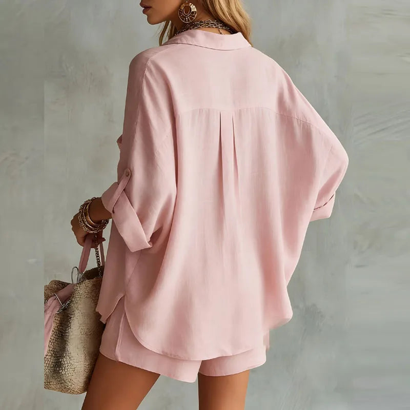 pearlava women's linen shirt & shorts set
