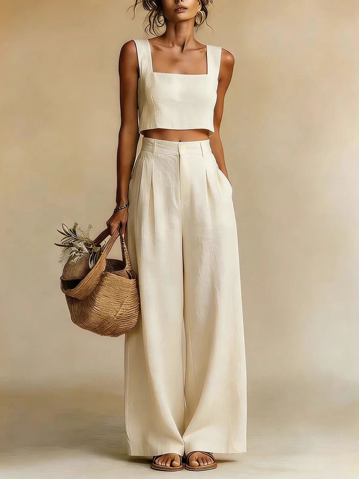 pearlava women's square-neck crop top & palazzo trouser set