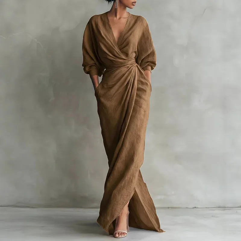 pearlava women's v-neck wrap-waist maxi dress