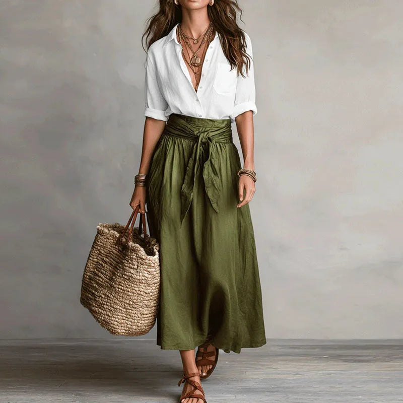 pearlava women's linen blouse & tie-waist skirt set