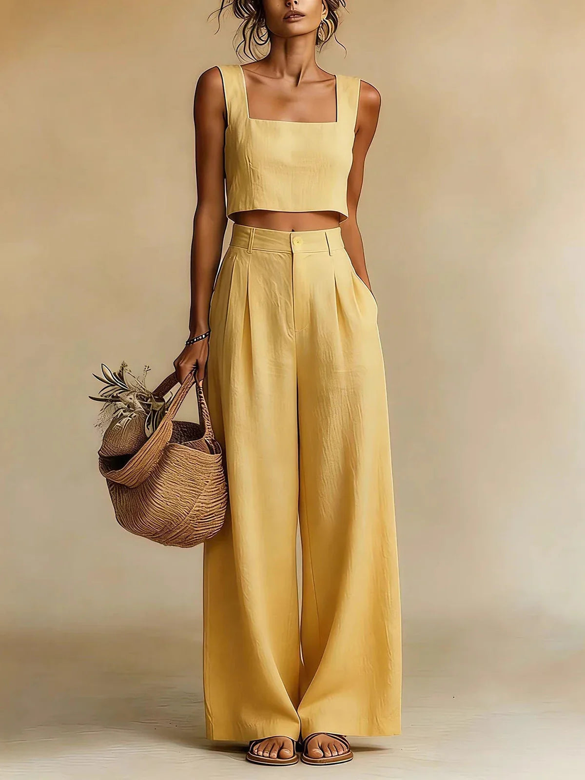 pearlava women's square-neck crop top & palazzo trouser set