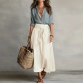 pearlava women's linen blouse & tie-waist skirt set