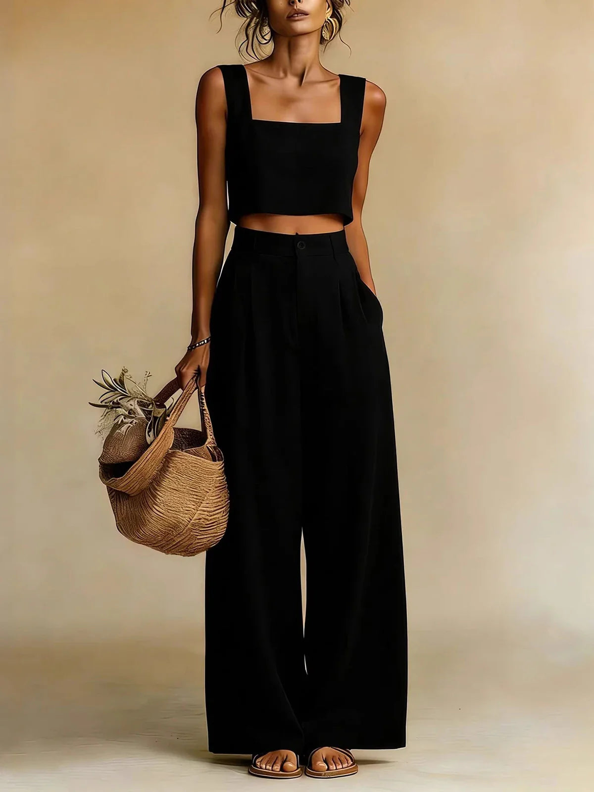 pearlava women's square-neck crop top & palazzo trouser set